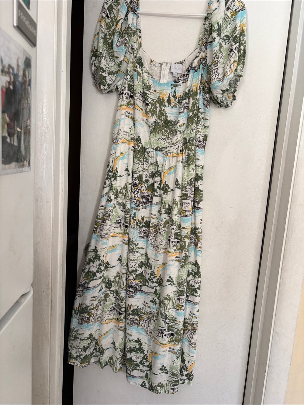 Sugarlips Scenic Print Puff-Sleeve Maxi Dress in Green, Blue, White, size L.